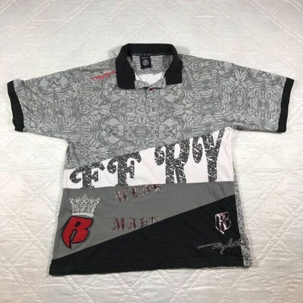 Vintage Ruff Ryders gray and black Polo‎ shirt Large